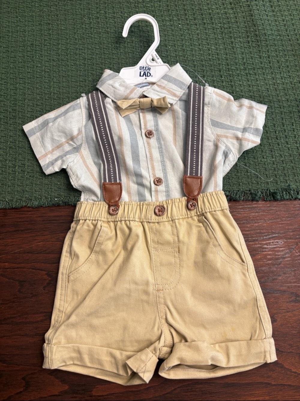 Little Lad Beige & Striped Boys' Matching Set with Bow Tie and Suspenders